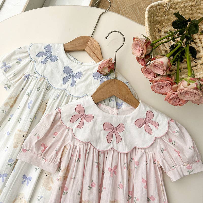 Floral Teddy Print Embroidery Collar Princess Dress
