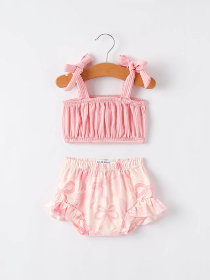 Spring Summer Pink Pleated Suspender Vest And Floral Bloomers Set