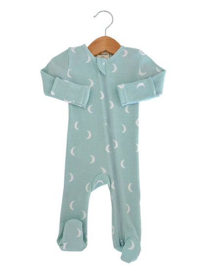 Organic Waffle 2-Way Zip Footie, Light Blue Moon