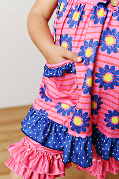 Girls Hot Pink Daisy Pocket Ruffles Short Set