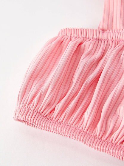 Spring Summer Pink Pleated Suspender Vest And Floral Bloomers Set