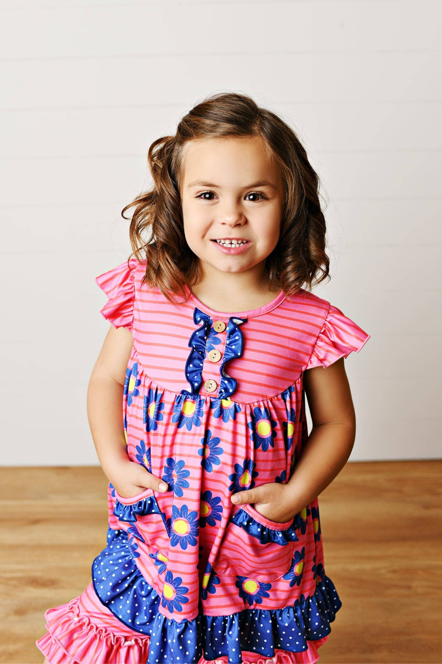 Girls Hot Pink Daisy Pocket Ruffles Short Set