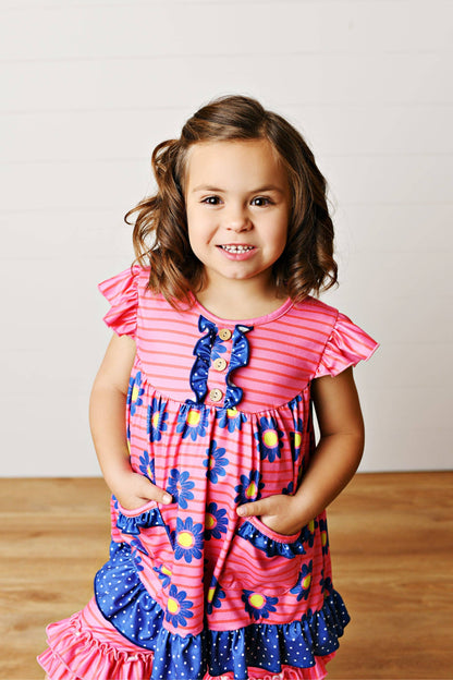 Girls Hot Pink Daisy Pocket Ruffles Short Set