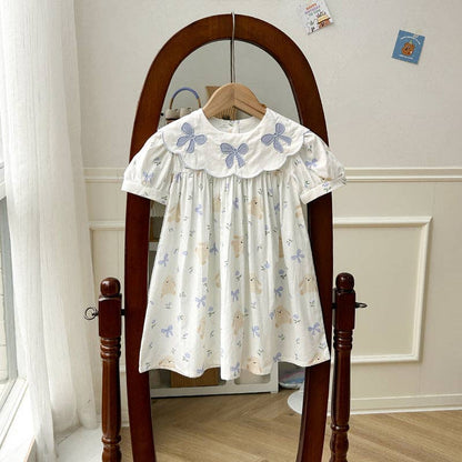 Floral Teddy Print Embroidery Collar Princess Dress
