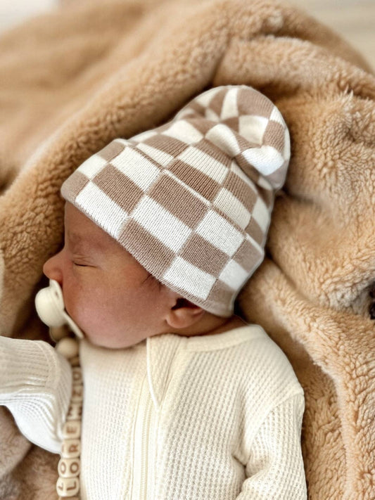 Baby's First Hat Tan/Warm White Checkerboard