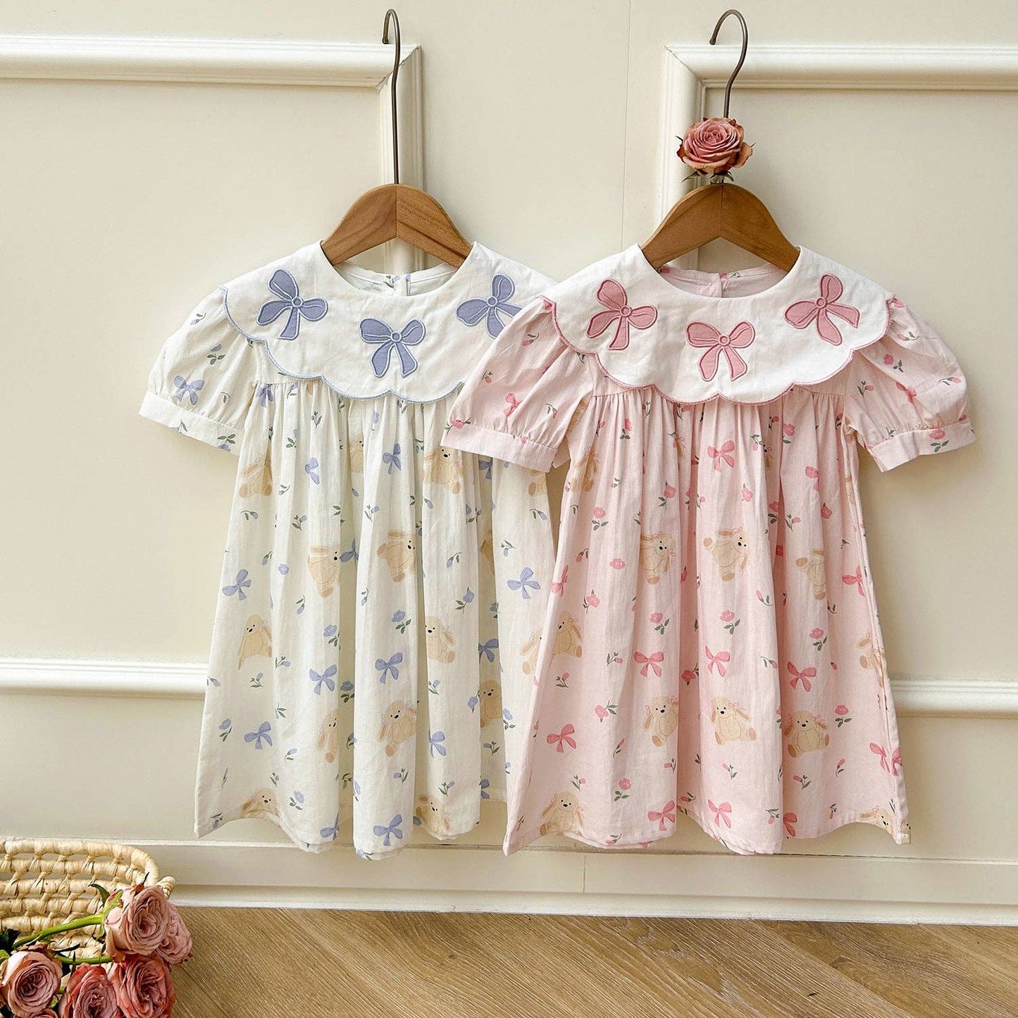 Floral Teddy Print Embroidery Collar Princess Dress