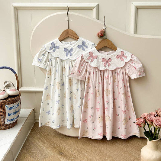 Floral Teddy Print Embroidery Collar Princess Dress