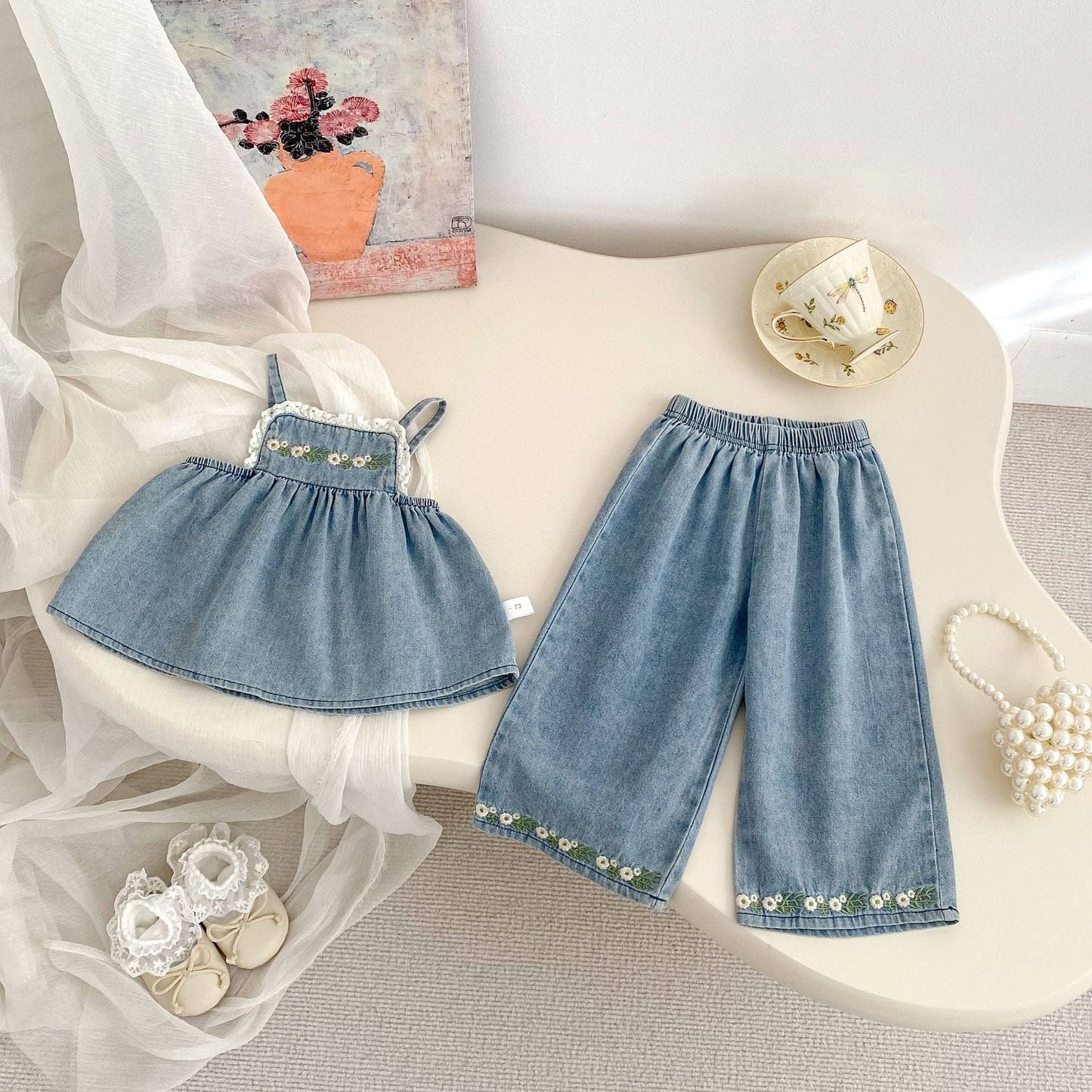 Embroidered Sleeveless Top and Pants Denim