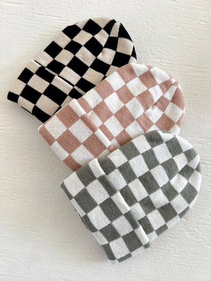 Baby's First Hat Tan/Warm White Checkerboard