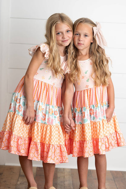 Girls Orange Pink Ava Retro Floral Check Spring Tiered Dress