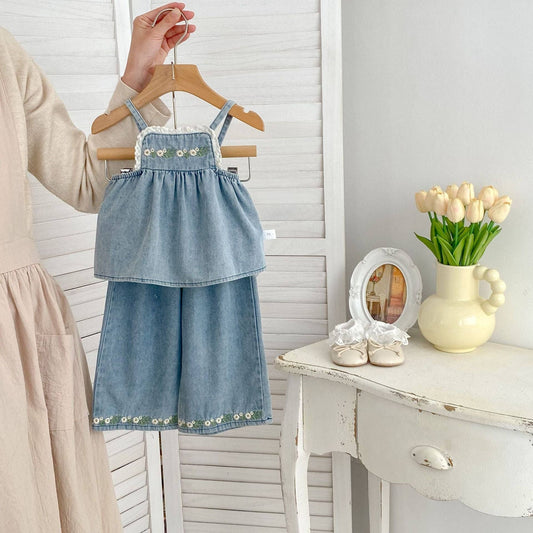 Embroidered Sleeveless Top and Pants Denim