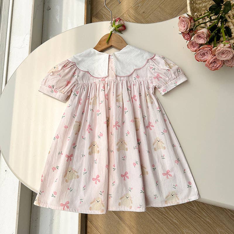 Floral Teddy Print Embroidery Collar Princess Dress