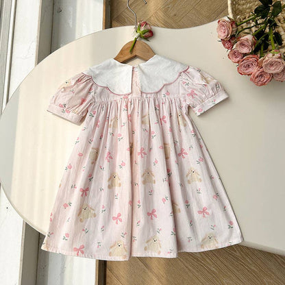 Floral Teddy Print Embroidery Collar Princess Dress