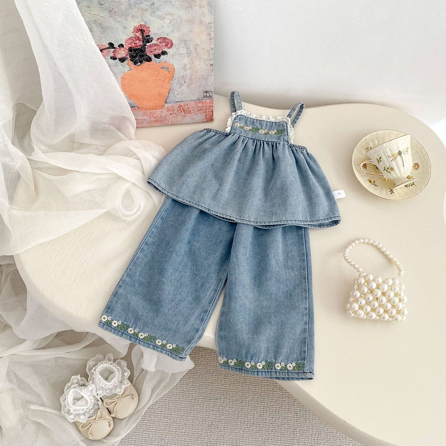 Embroidered Sleeveless Top and Pants Denim