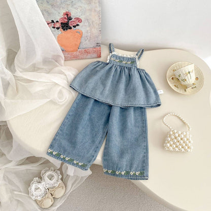 Embroidered Sleeveless Top and Pants Denim