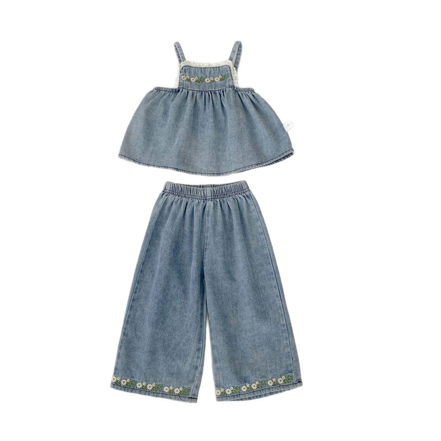 Embroidered Sleeveless Top and Pants Denim