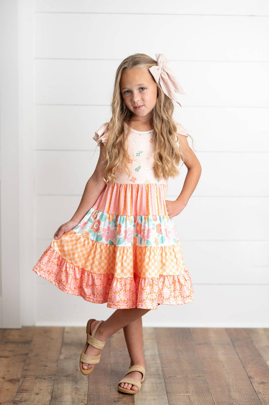 Girls Orange Pink Ava Retro Floral Check Spring Tiered Dress