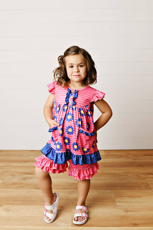 Girls Hot Pink Daisy Pocket Ruffles Short Set